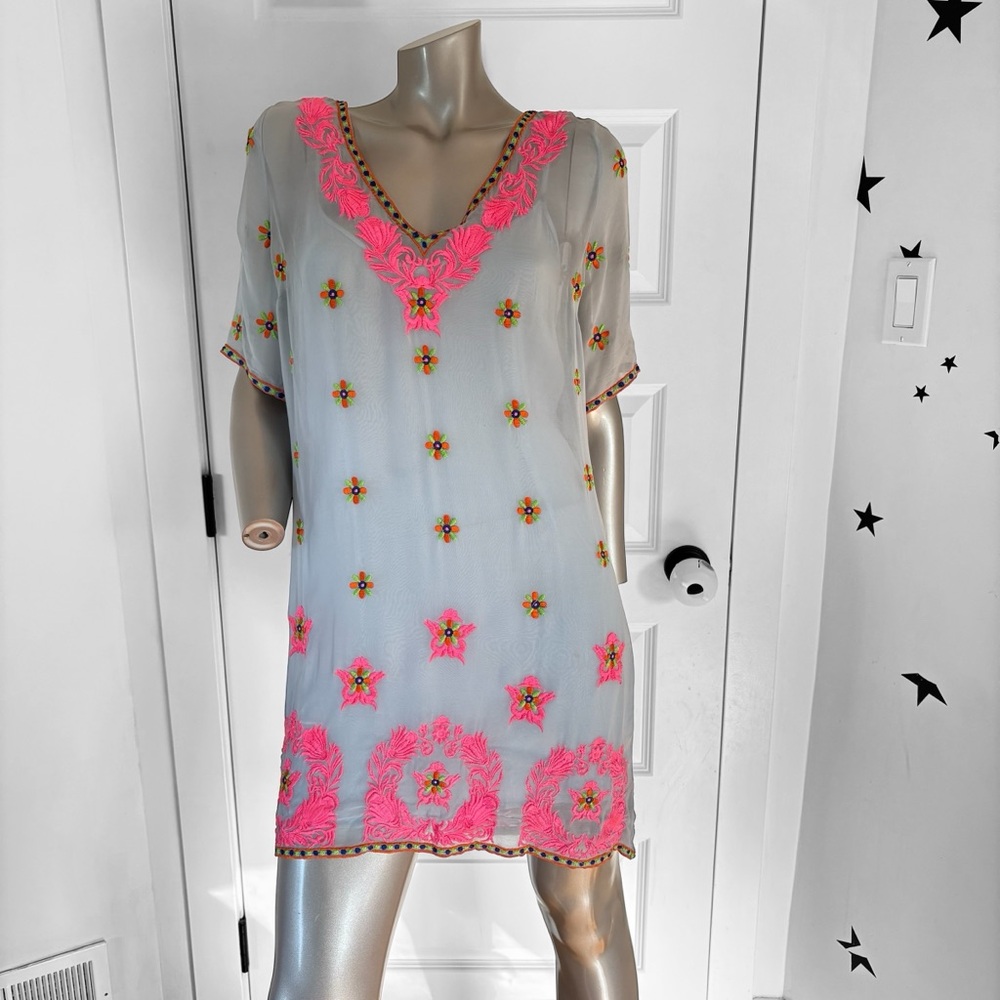 Plenty by Tracey Reese Pink Blue Embroidered Dress Medium